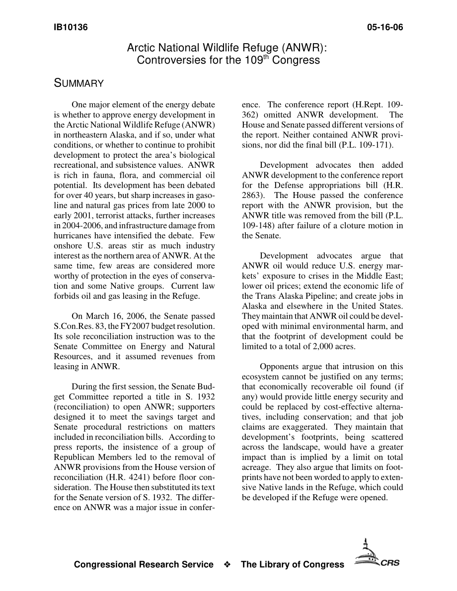 [20060516]IB10136_北极国家野生动物保护区（ANWR）：第109届国会的争议.pdf_第3页