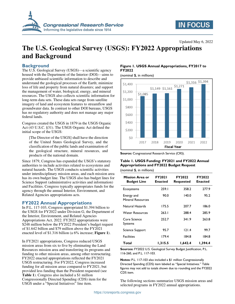 [20220506]IF11850_美国地质调查局（USGS）：2022财年拨款和背景.pdf_第1页