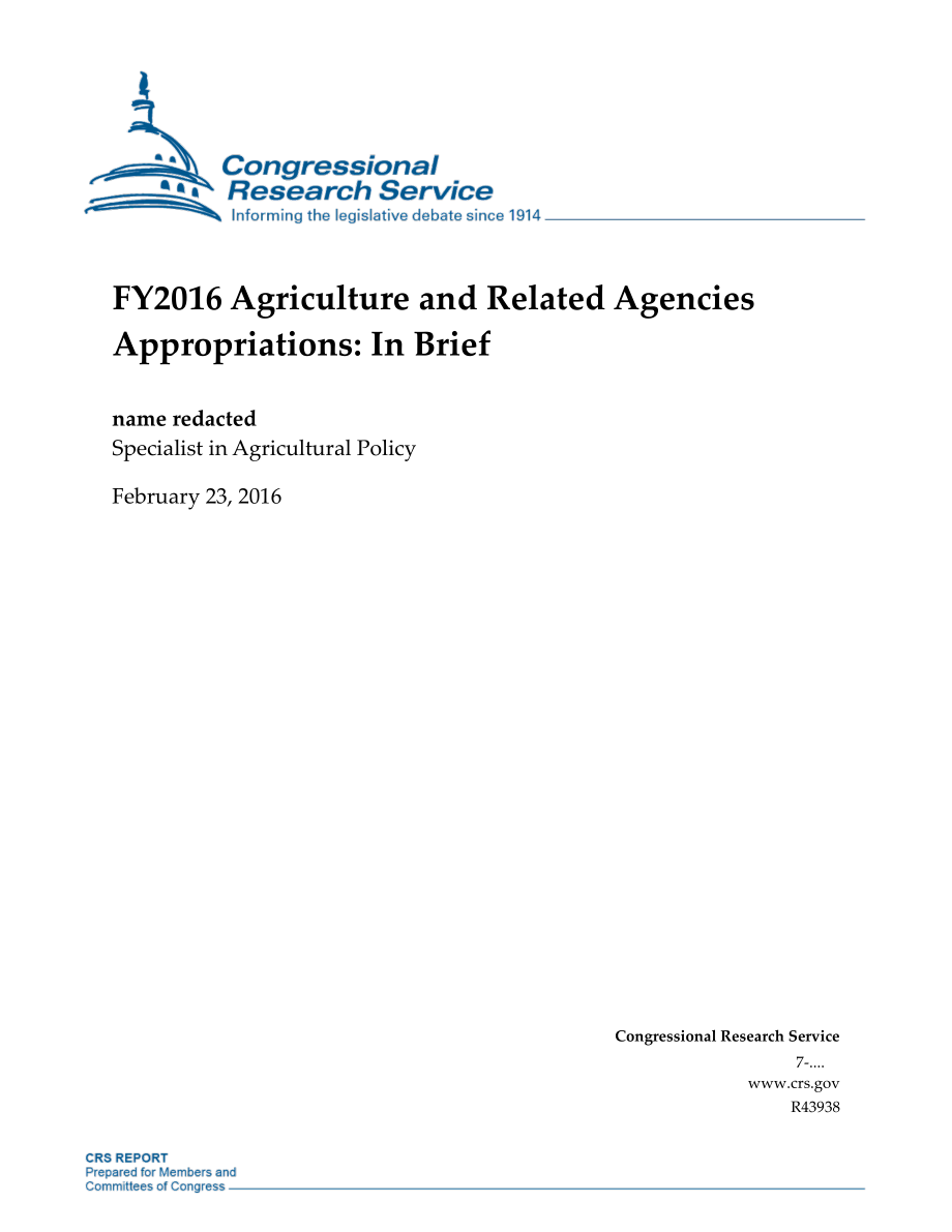 [20160223]R43938_2016财年农业和相关机构拨款：简言之.pdf_第1页