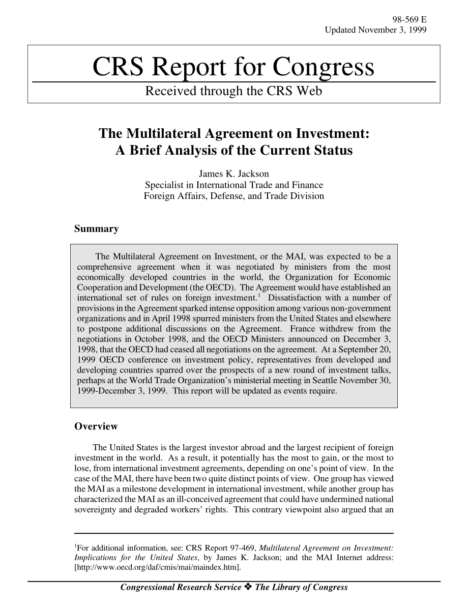 [19991103]98-569_The Multilateral Agreement on Investment A Brief Analysis of the Current Status.pdf_第1页