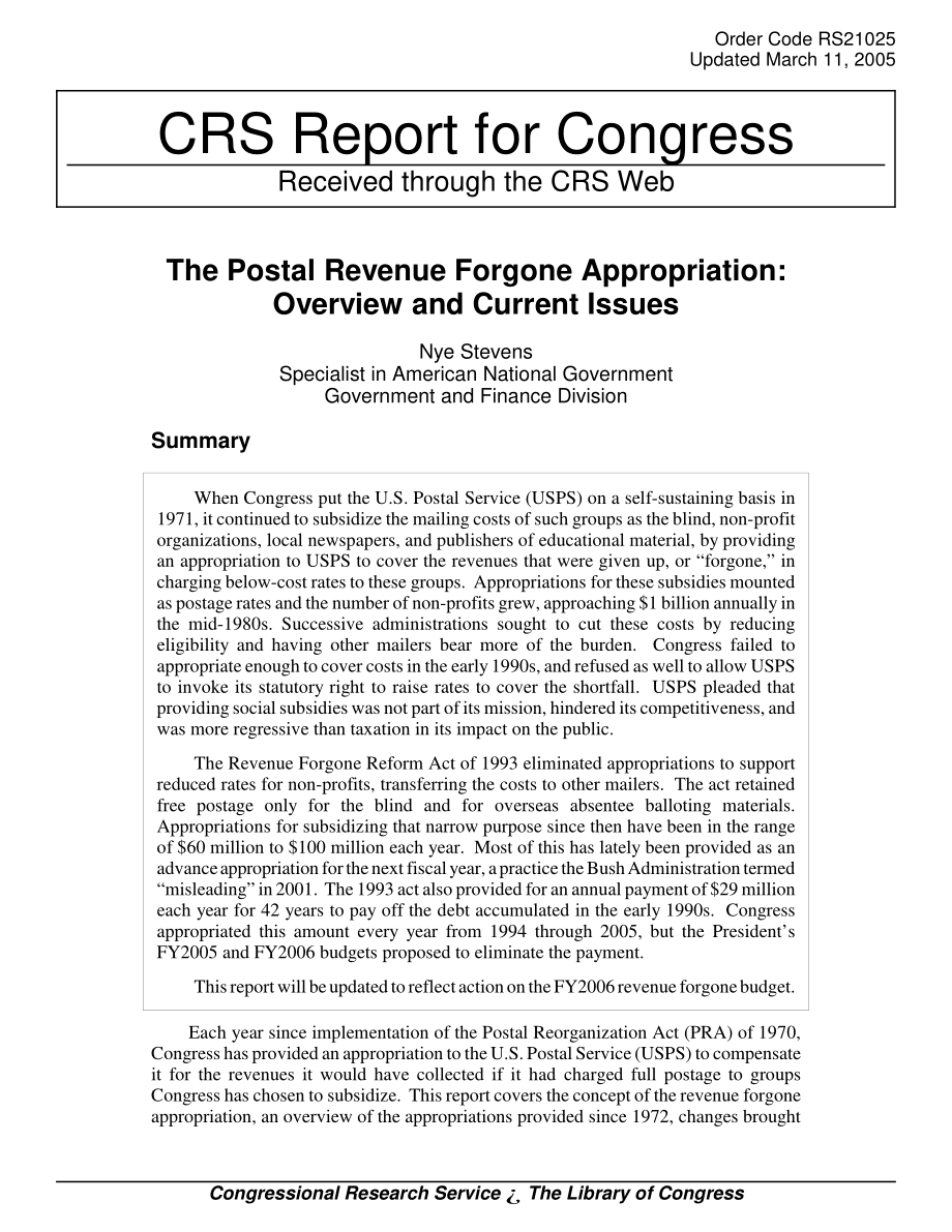 [20050311]RS21003_邮政收入放弃拨款：概述和当前问题.pdf_第1页