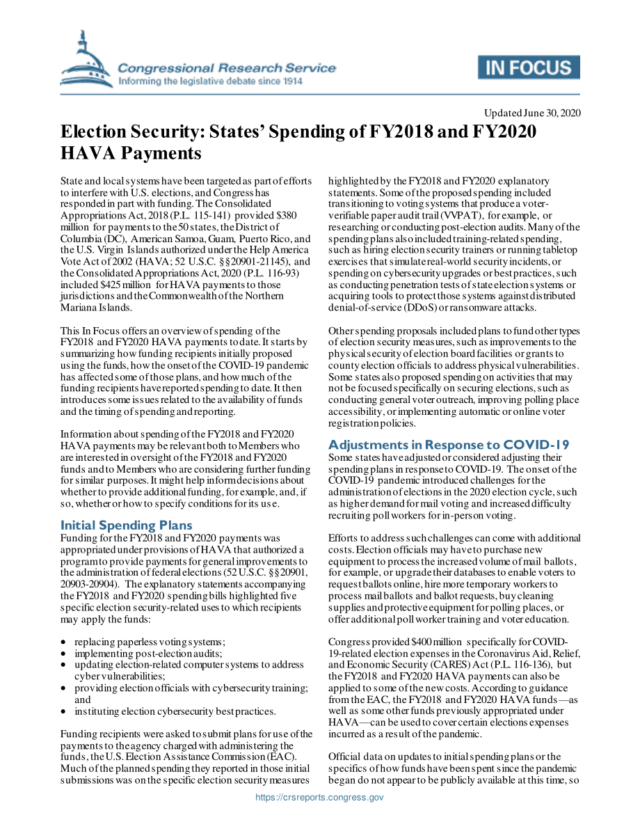 [20200630]IF11356_选举安全：2018财年和2020财年各州支出HAVA付款.pdf_第1页