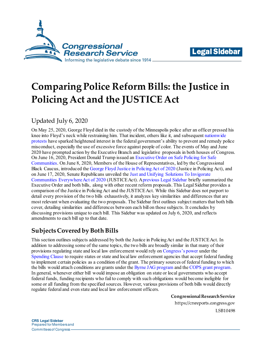 [20200706]LSB10498_警察改革法案之比较：治安正义法案与司法法案.pdf_第1页
