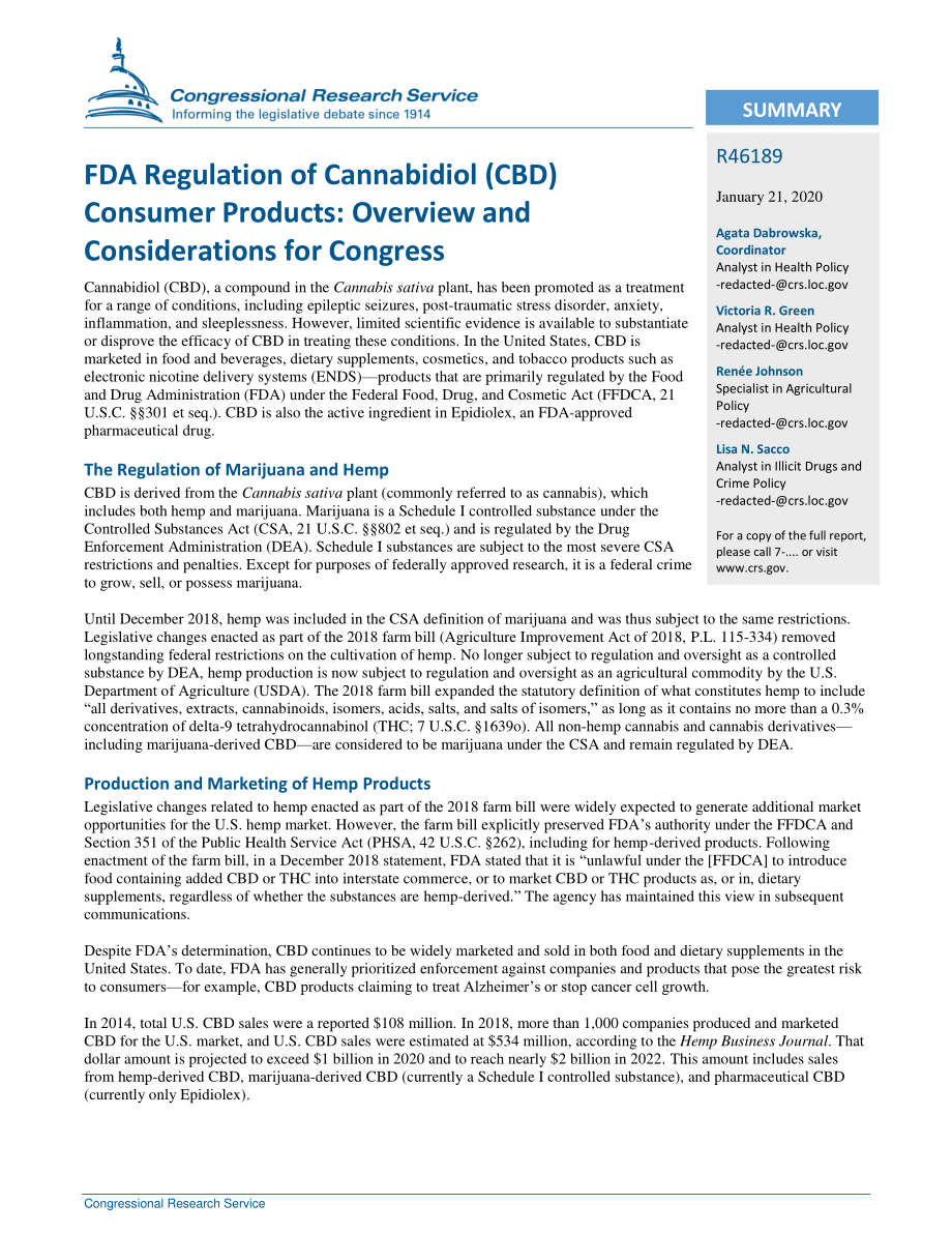 [20200121]R46189_美国食品和药物管理局（FDA）对大麻二酚（CBD）消费品的监管：大会概况和注意事项.pdf_第2页