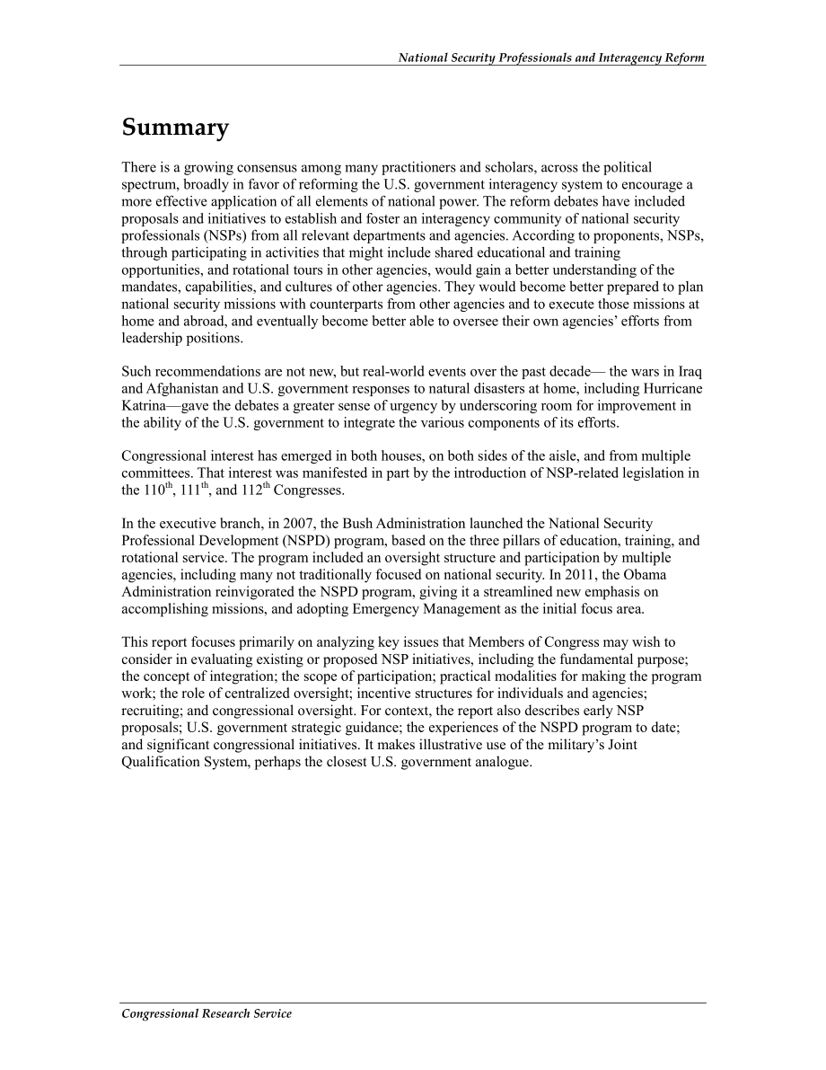 [20110926]RL34565_国家安全专业人员和机构间改革：提案、近期经验和国会议题.pdf_第2页