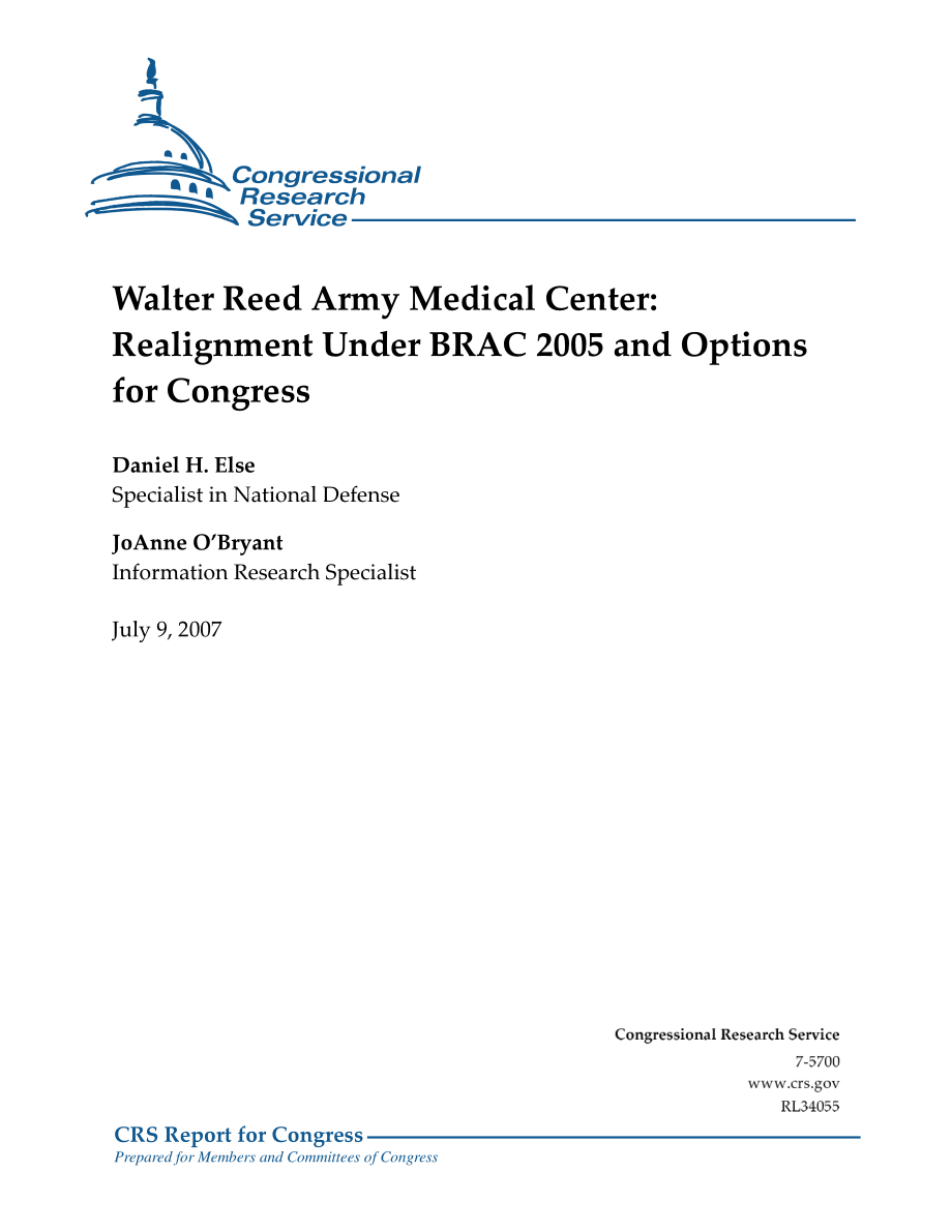 [20070709]RL34055_Walter Reed Army Medical Center BRAC 2005下的调整和国会的选择.pdf_第1页