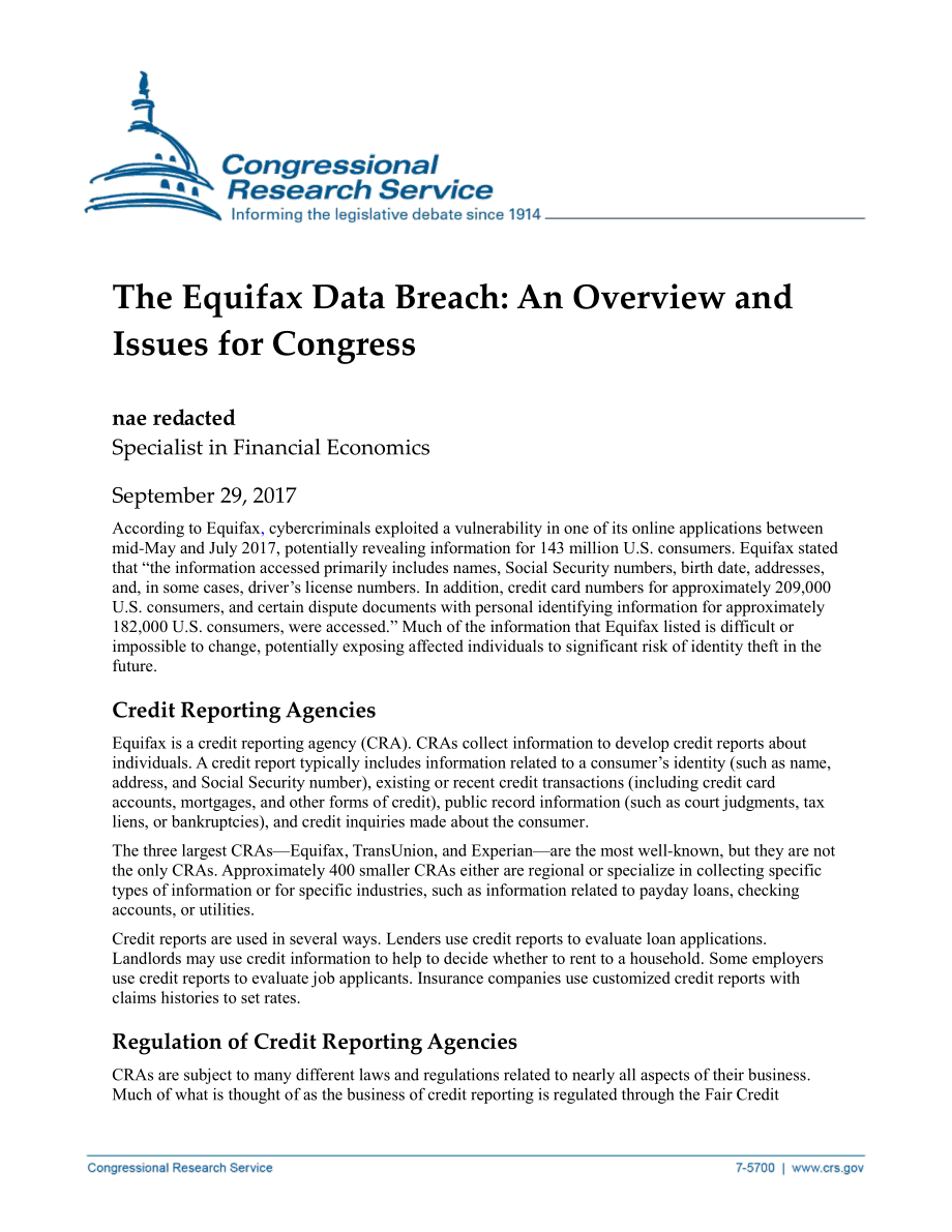 [20170929]IN10792_Equifax数据泄露：国会概况和议题.pdf_第1页