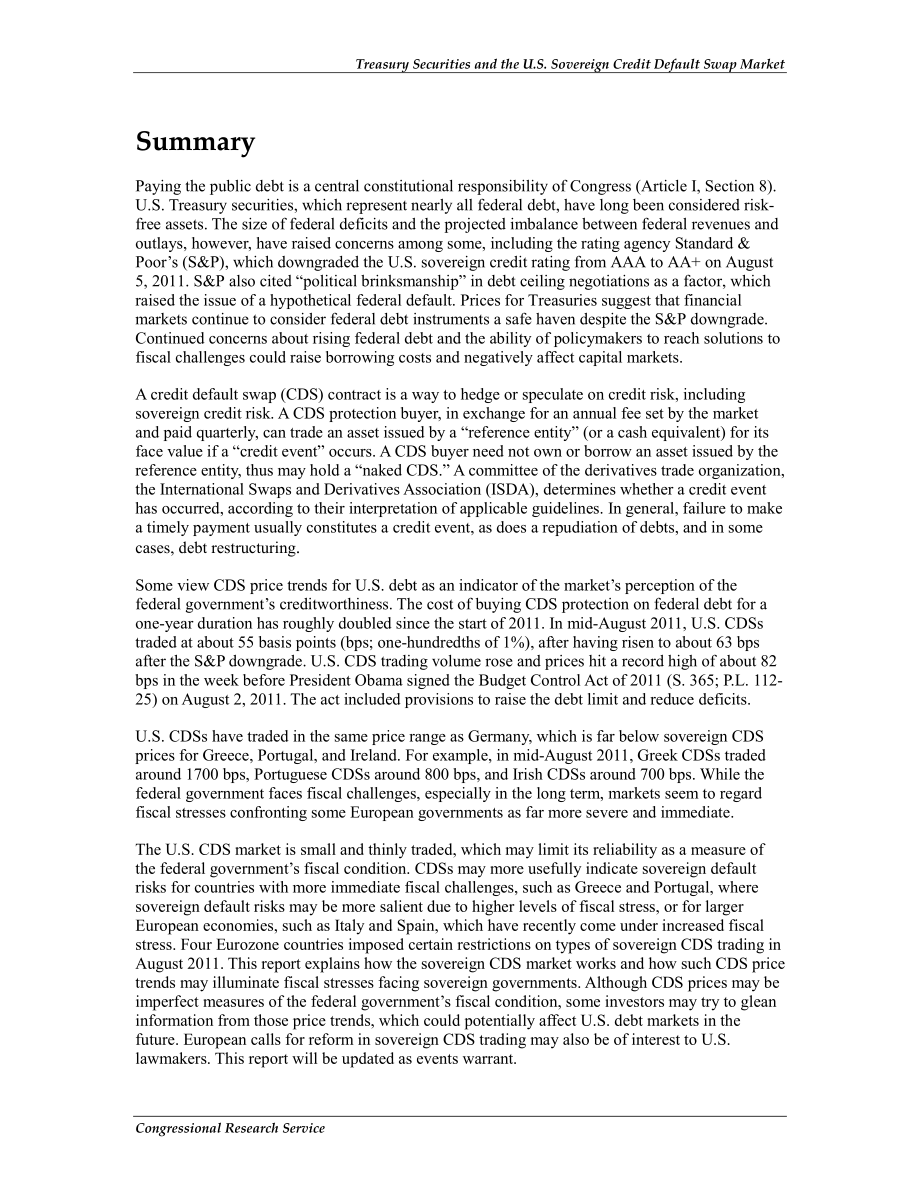 [20110815]R41932_美国国债和美国主权信用违约掉期市场.pdf_第2页