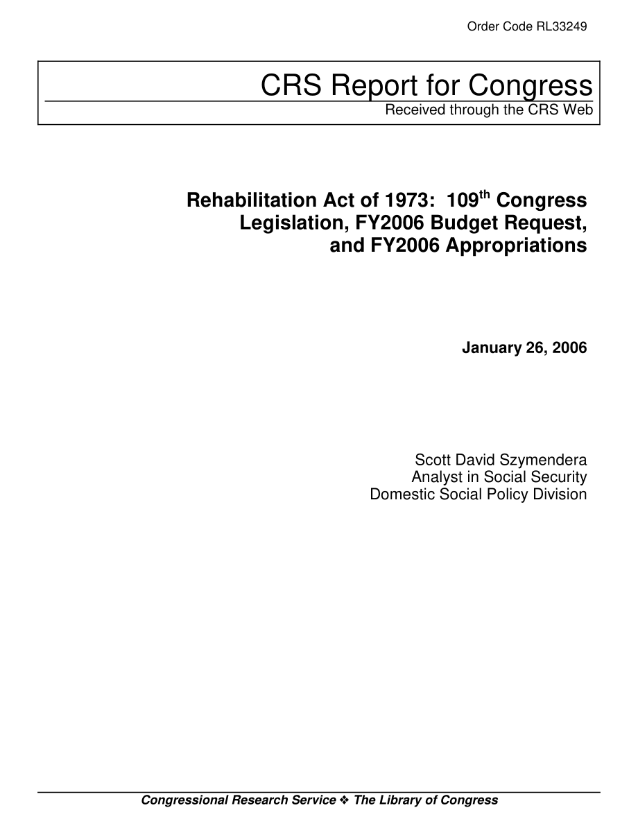 [20060126]RL33249_1973年康复法案：第109届国会立法、2006财年预算请求和2006财年拨款.pdf_第1页