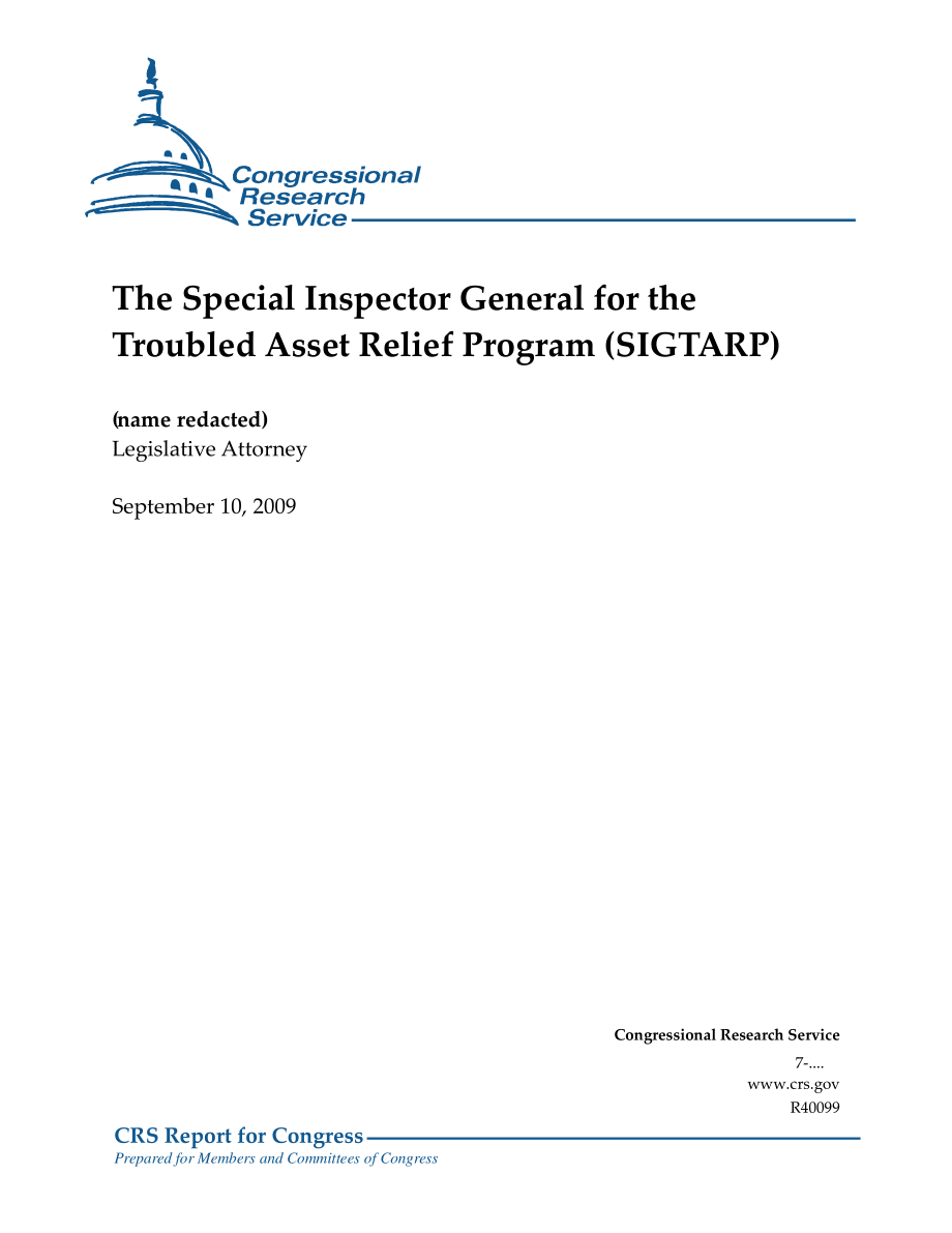 [20090910]R40099_问题资产救助计划特别监察长（SIGTARP）.pdf_第1页