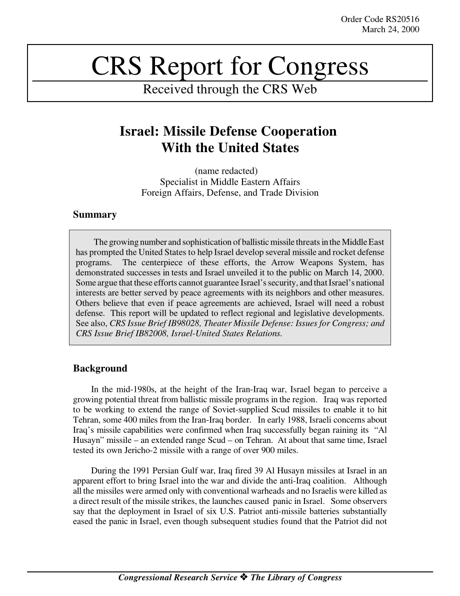 [20000324]RS20516_以色列：与美国的导弹防御合作.pdf_第1页