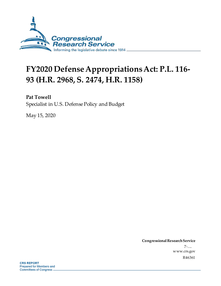 [20200515]R46361_2020财年国防拨款法案：P、 L116-93（H.R.2968S.2474H.R.1158).pdf_第1页