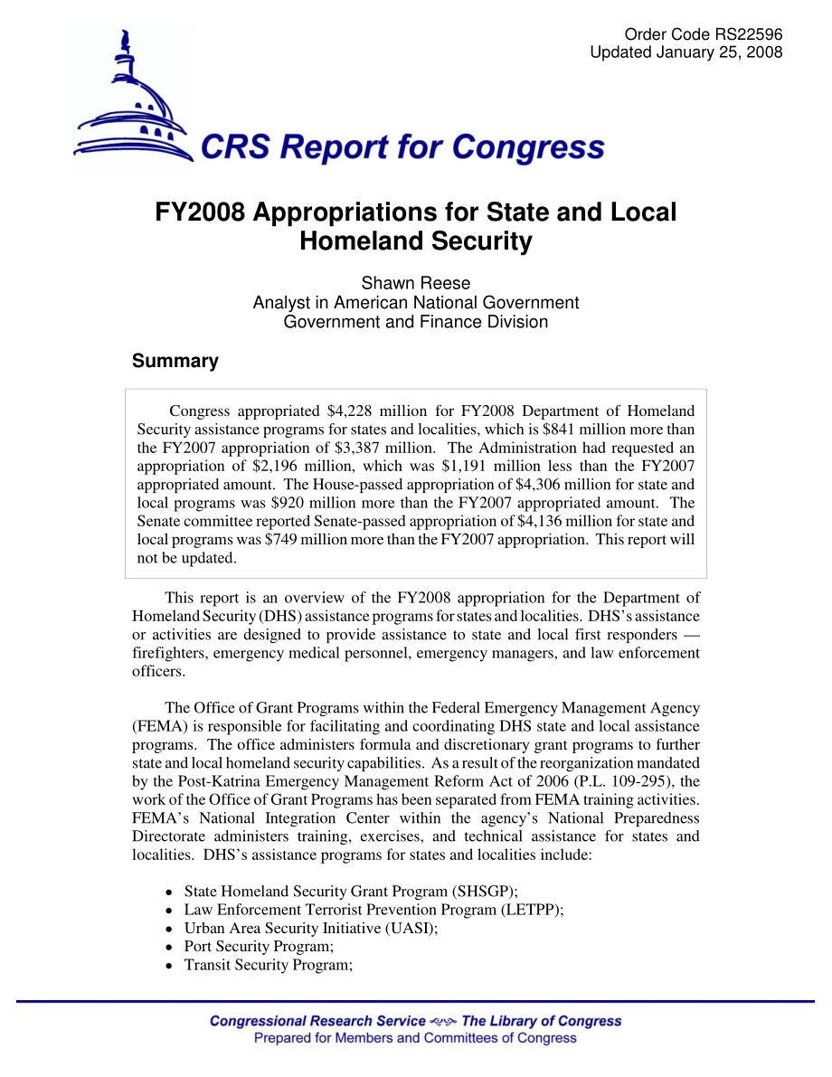 [20080125]RS22596_2008财年国家和地方国土安全拨款.pdf_第1页
