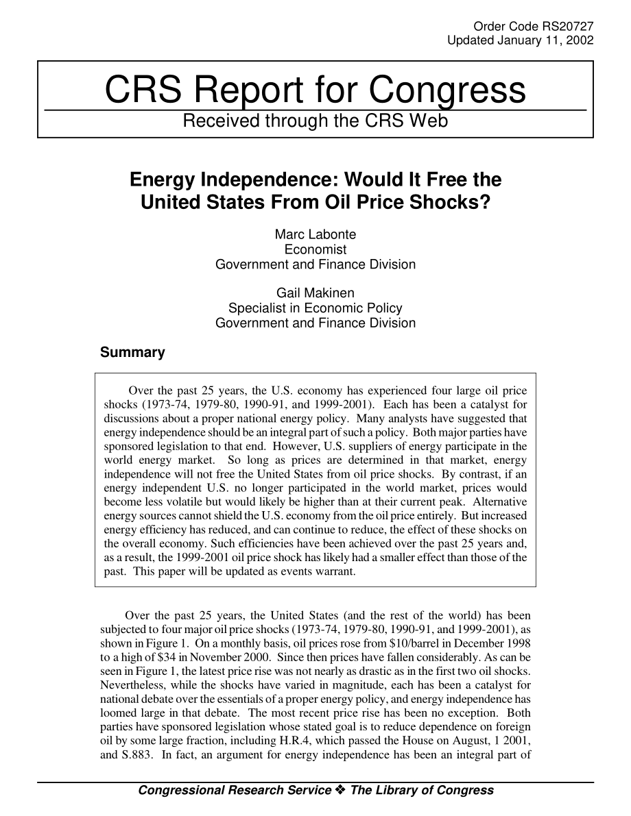 [20020111]RS20727_能源独立性：它会让美国免受油价冲击吗？.pdf_第1页