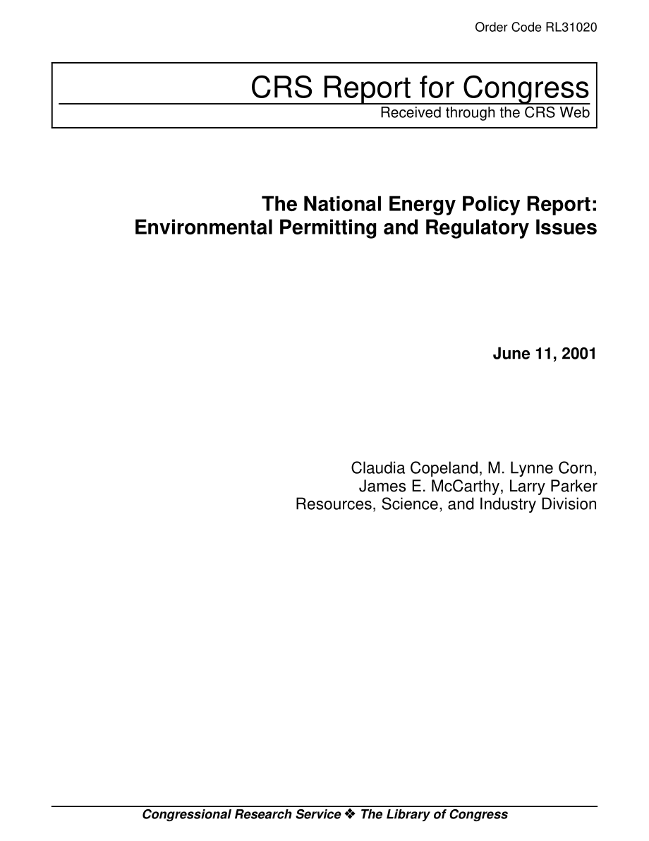 [20010611]RL31020_国家能源政策报告：环境许可和监管问题.pdf_第1页