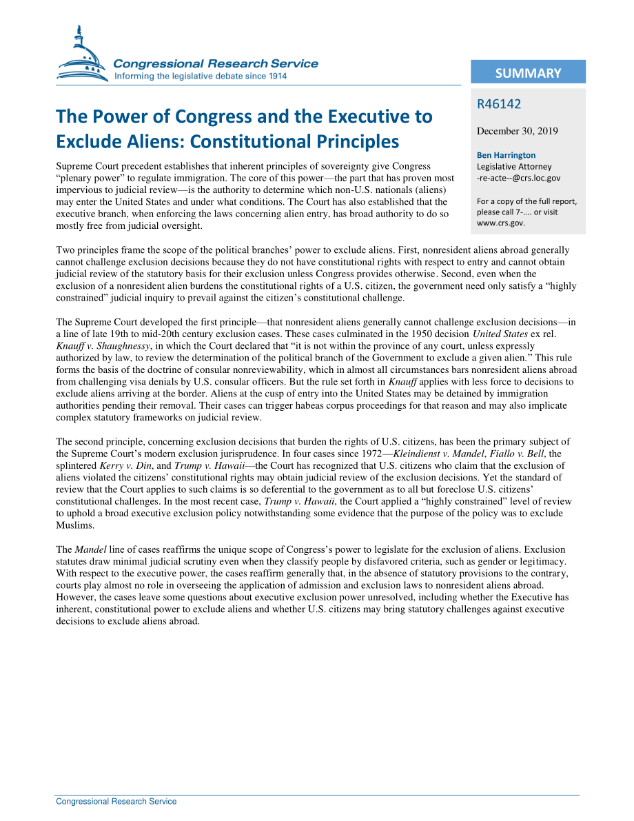 [20191230]R46142_国会和行政部门排除外国人的权力：宪法原则.pdf_第2页