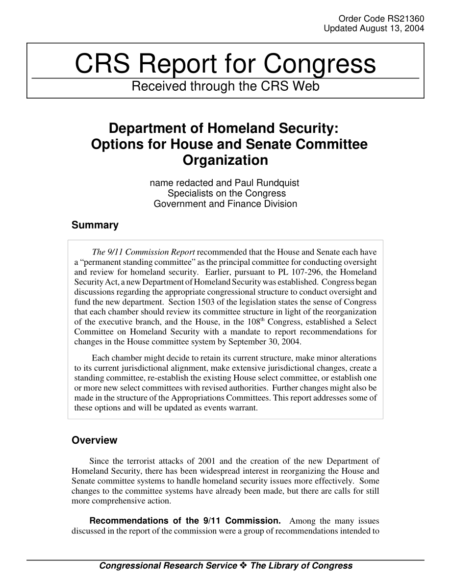 [20040813]RS21360_国土安全部：参众两院委员会组织的选择.pdf_第1页