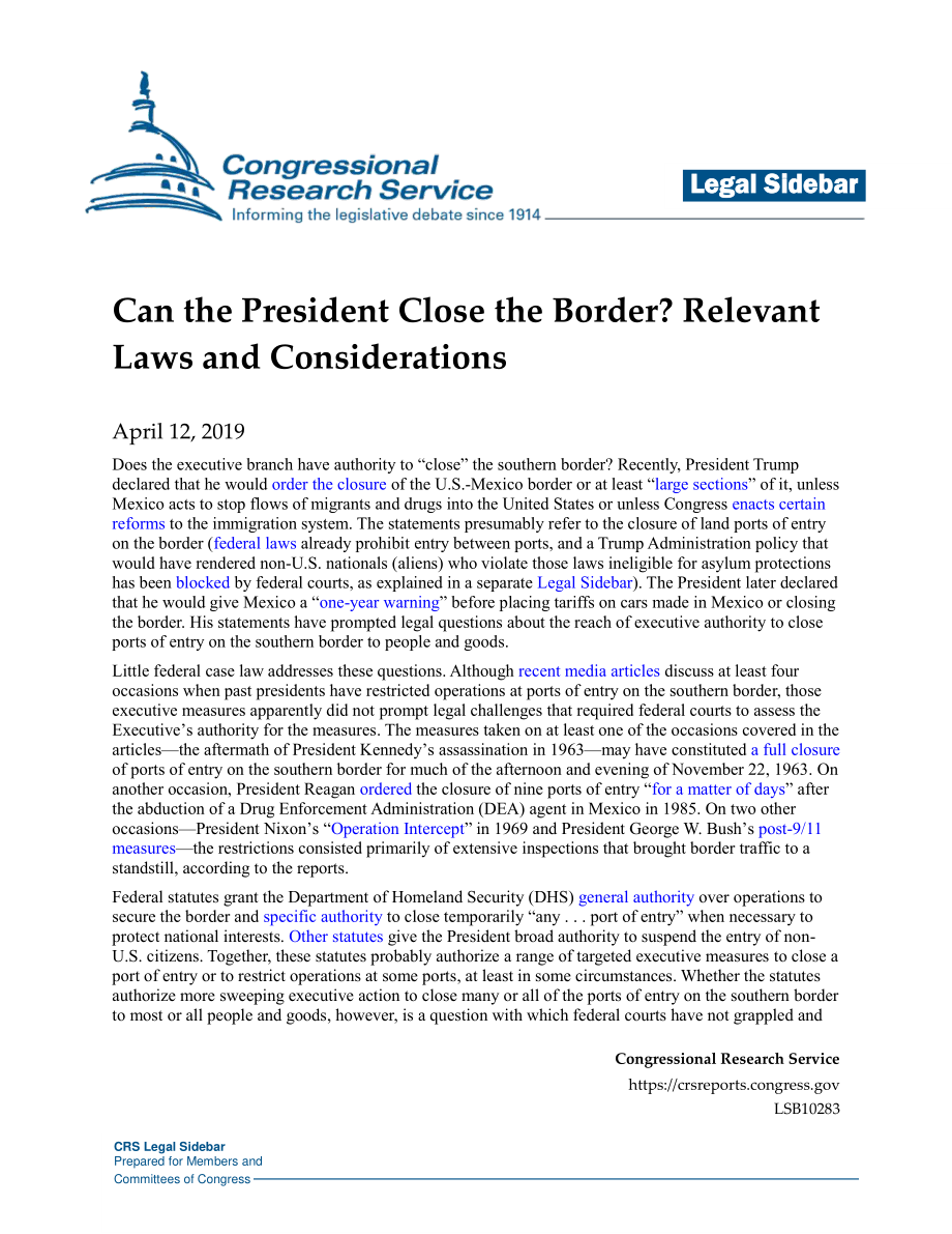 [20190412]LSB10283_总统能关闭边境吗？相关法律和注意事项.pdf_第1页