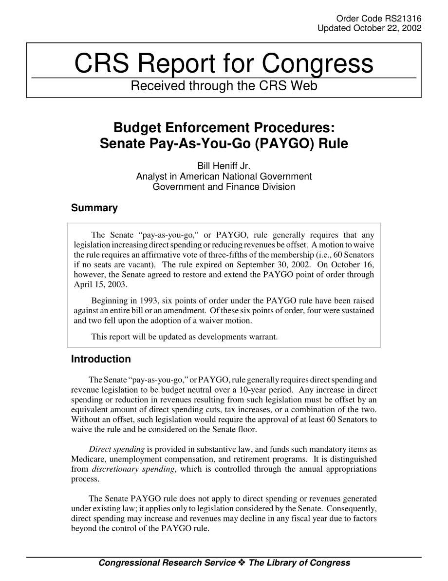 [20021022]RS21316_预算执行程序：参议院现收现付（PAYGO）规则.pdf_第1页