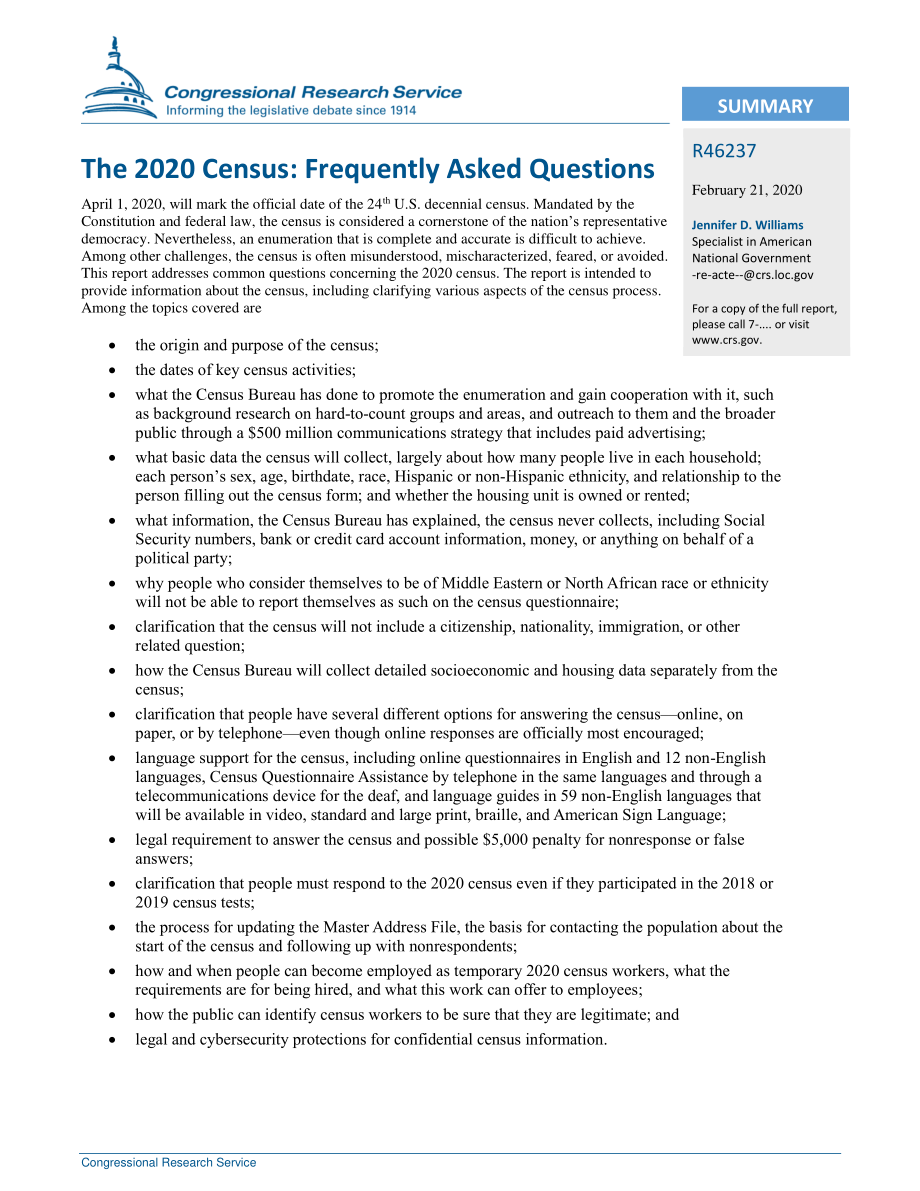 [20200221]R46237_2020年人口普查：常见问题解答.pdf_第2页