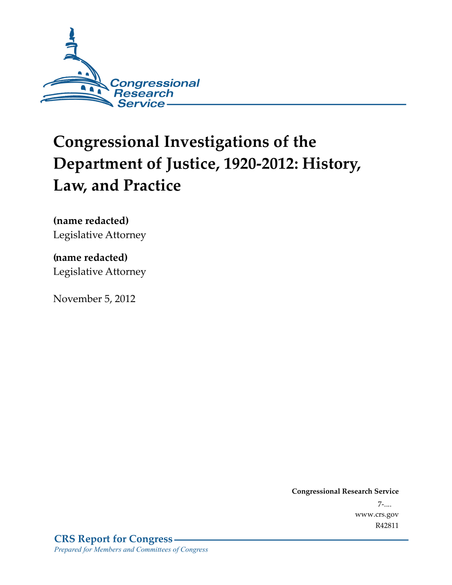 [20121105]R42811_1920-2012年司法部国会调查：历史、法律和实践.pdf_第1页
