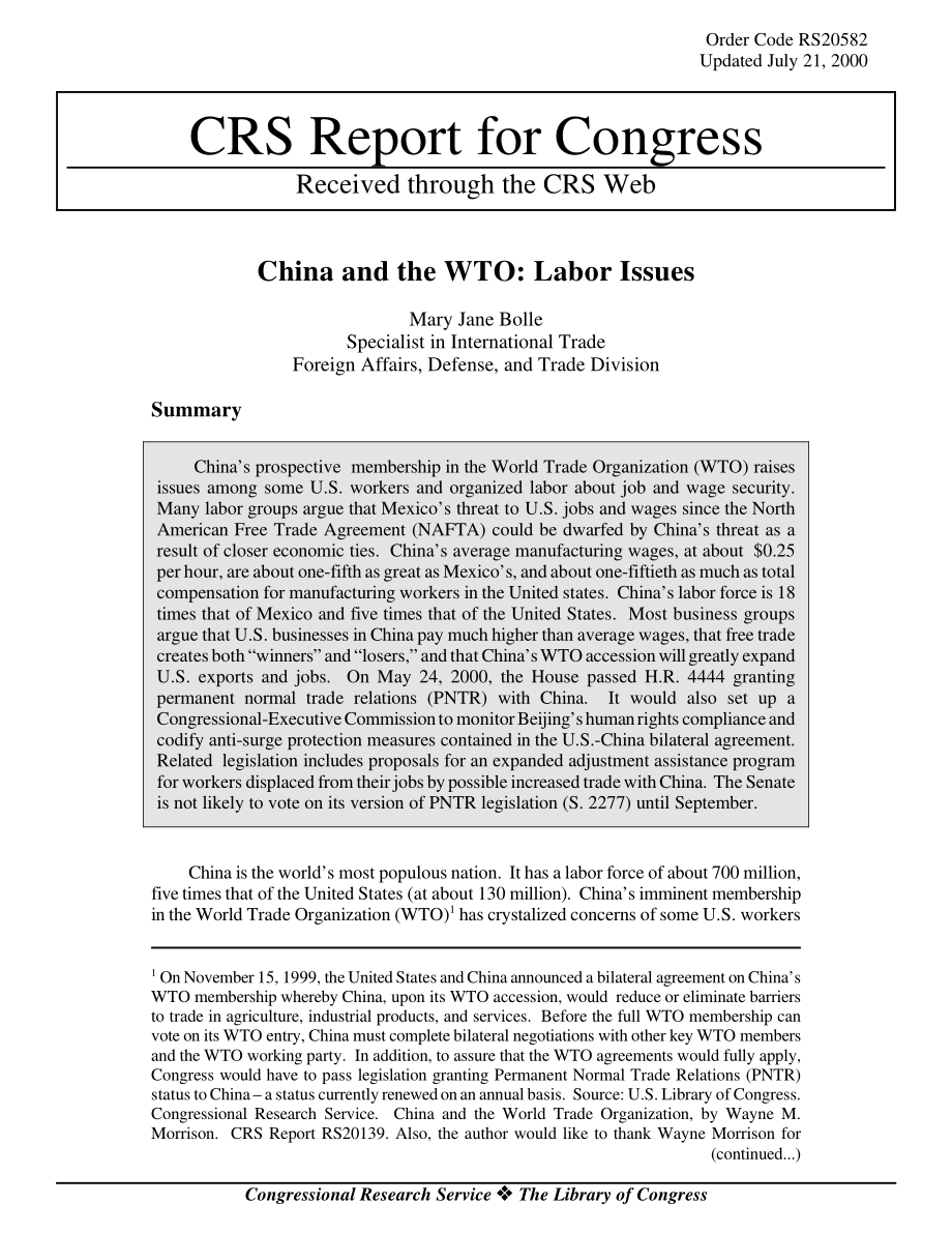 [20000721]RS20582_中国与WTO：劳工问题.pdf_第1页