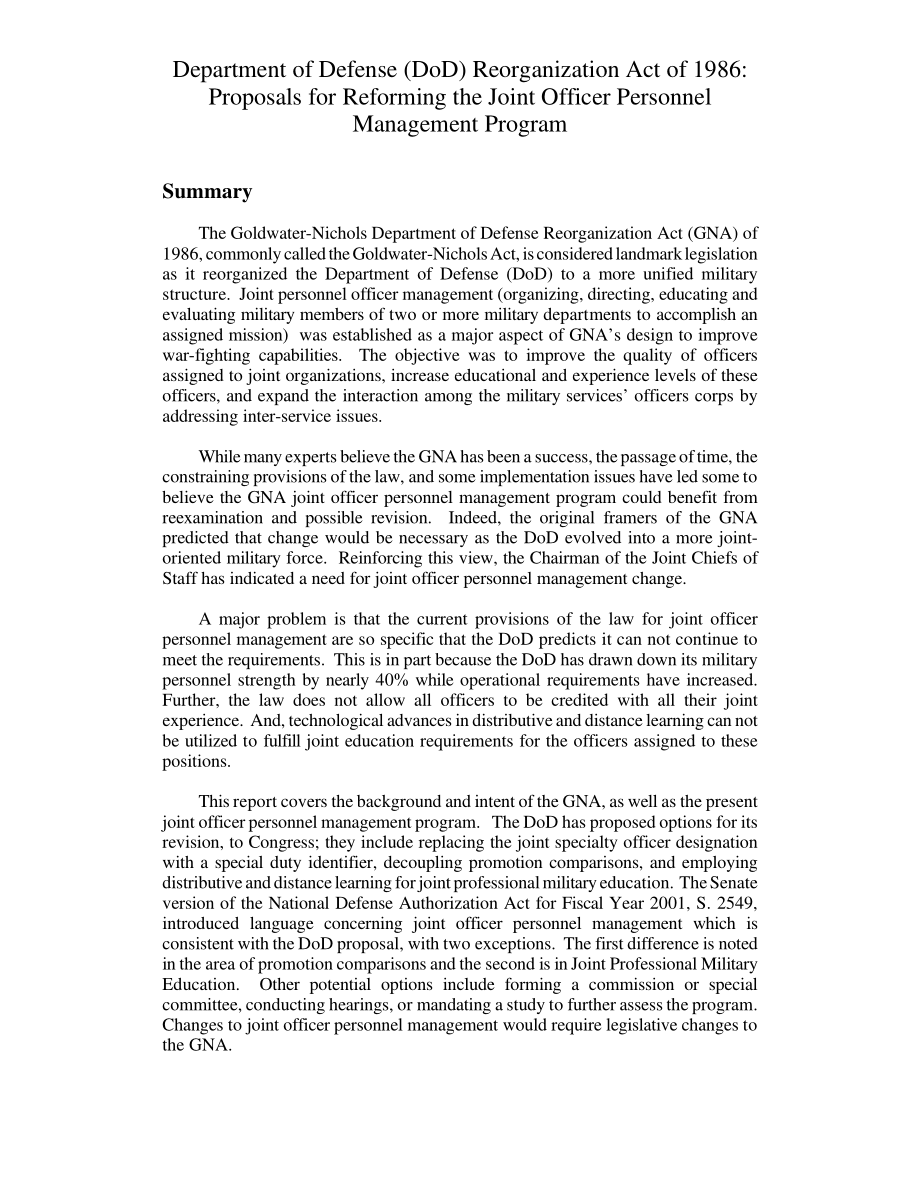 [20000718]RL30609_1986年国防部重组法案：改革联合军官人事管理方案的建议.pdf_第2页