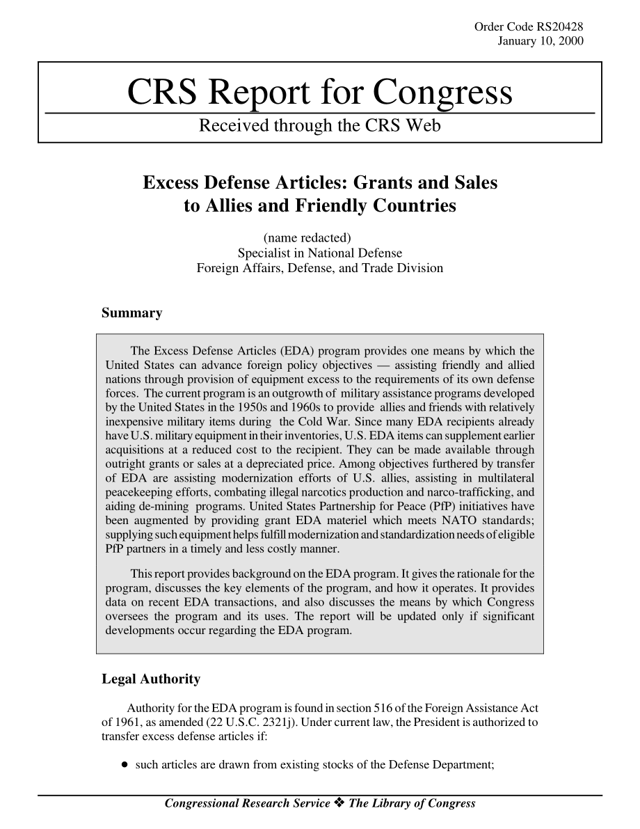 [20000110]RS20428_多余国防用品：向盟国和友好国家提供赠款和销售.pdf_第1页