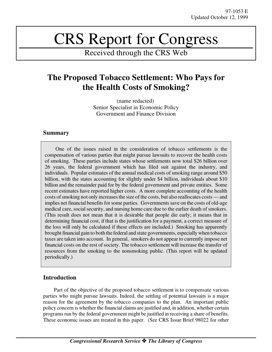 [19991012]97-1053_The Proposed Tobacco Settlement Who Pays for the Health Costs of Smoking.pdf_第1页