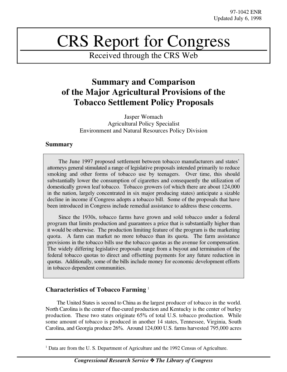[19980706]97-1042ENR_总结和比较烟草结算政策建议中的主要农业条款.pdf_第1页