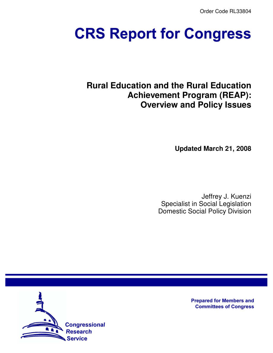 [20080321]RL33804_农村教育和农村教育成就计划（REAP）：概述和政策问题.pdf_第1页