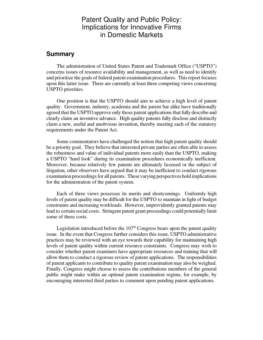[20020128]RL31281_专利质量和公共政策：国内市场创新企业面临的问题.pdf_第2页