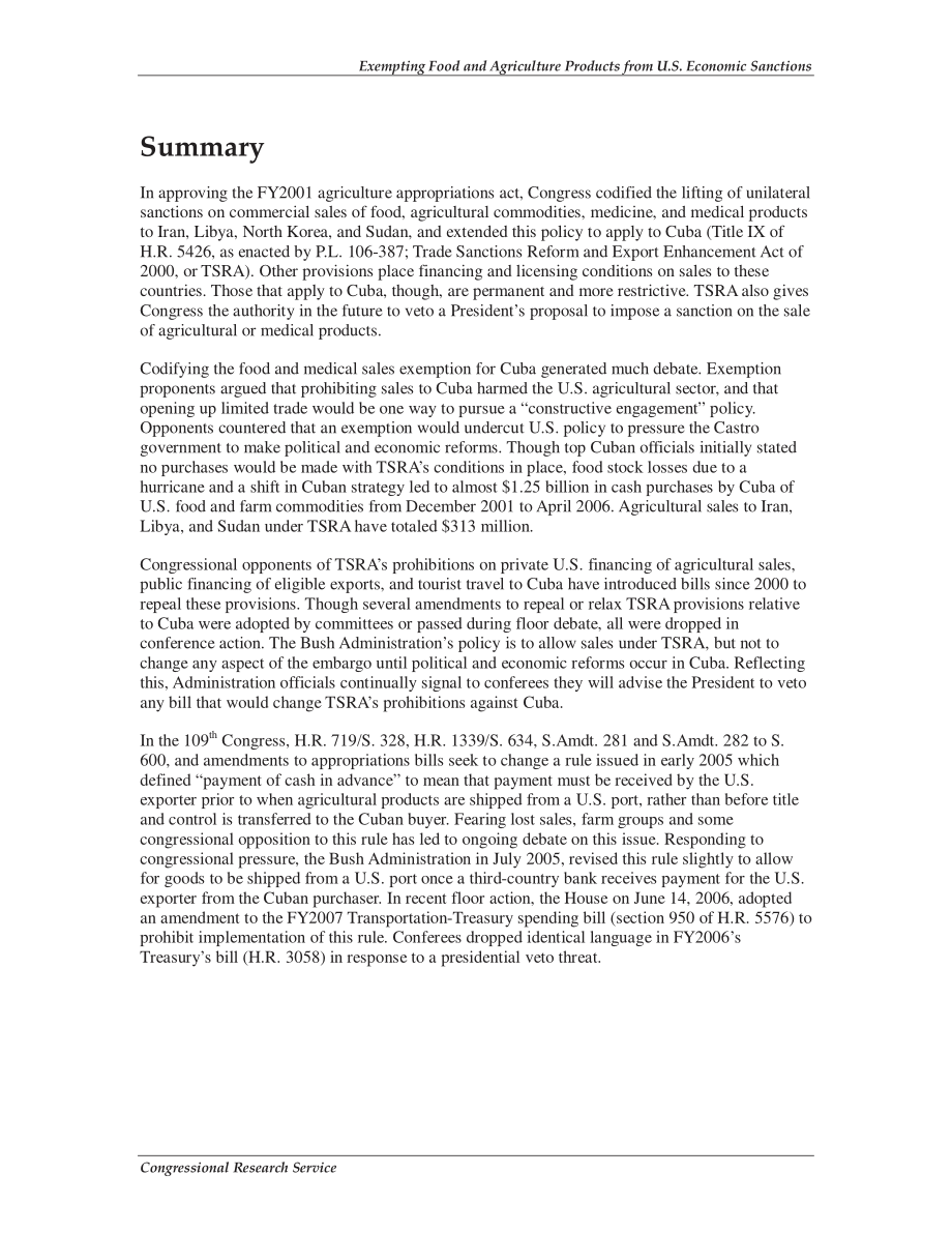 [20060629]RL33499_免除食品和农产品的美国经济制裁：现状和实施情况.pdf_第2页