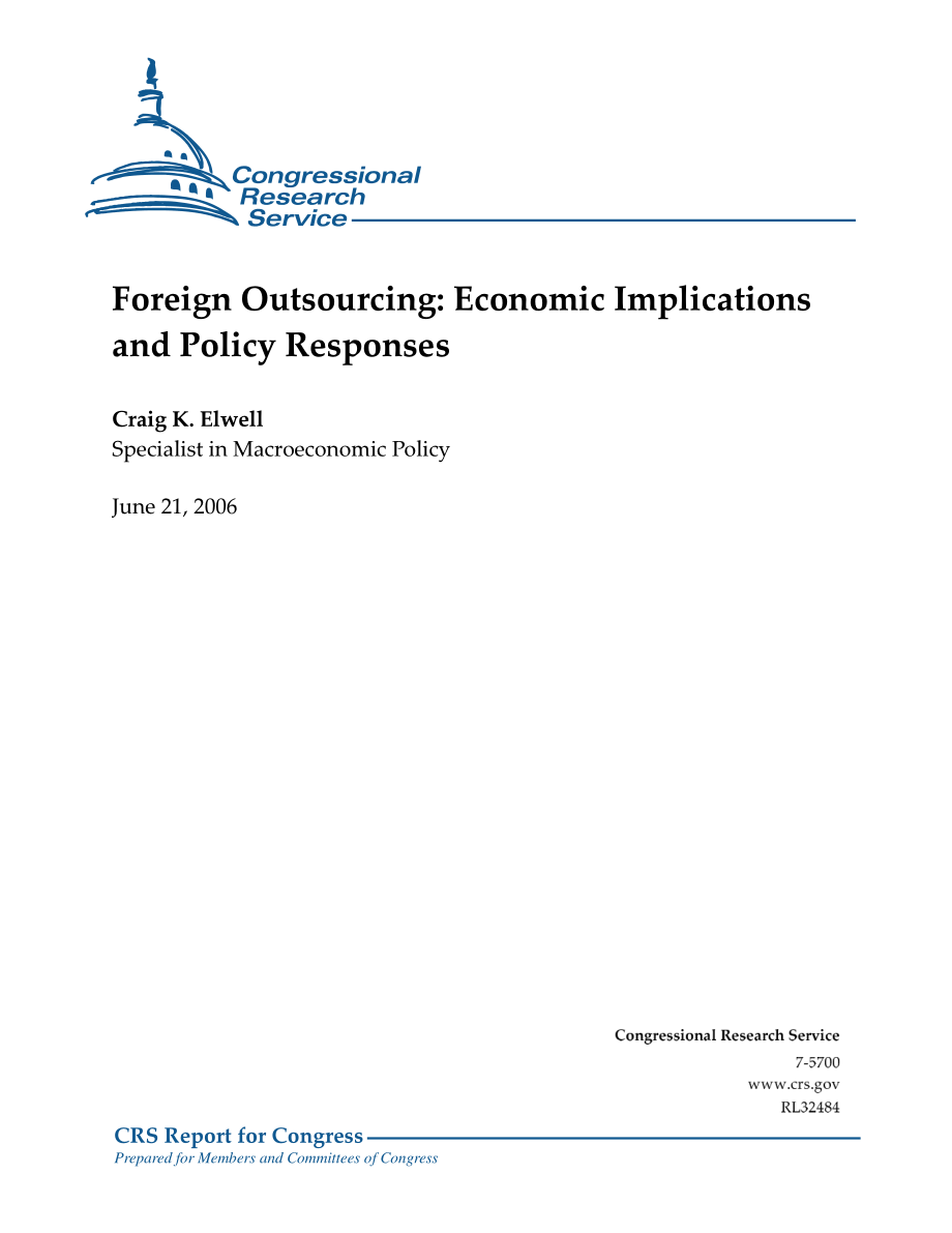 [20060621]RL32484_国外外包：经济影响和政策对策.pdf_第1页