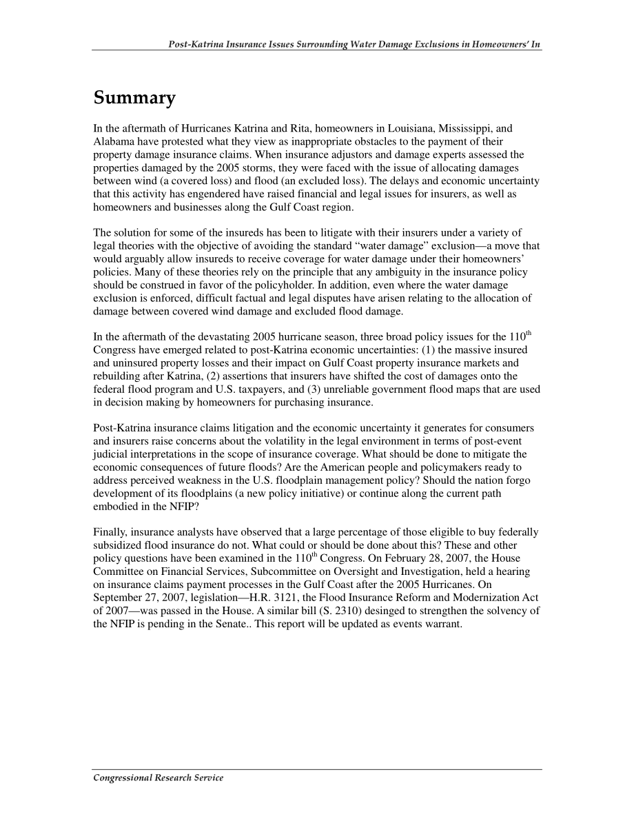 [20080130]RL33892_Post-Katrina Insurance Issues Surrounding Water Damage Exclusions in Homeowners' Insurance Policies.pdf_第2页