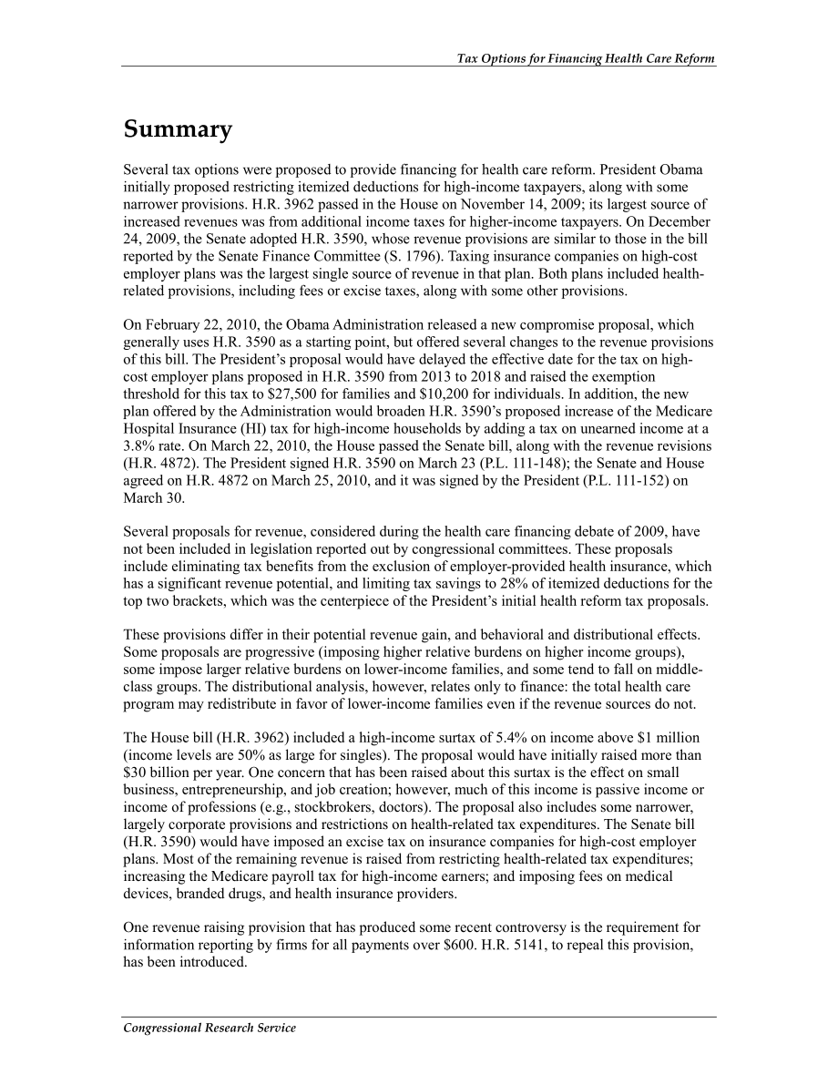 [20100527]R40648_医疗改革筹资的税收选择.pdf_第2页