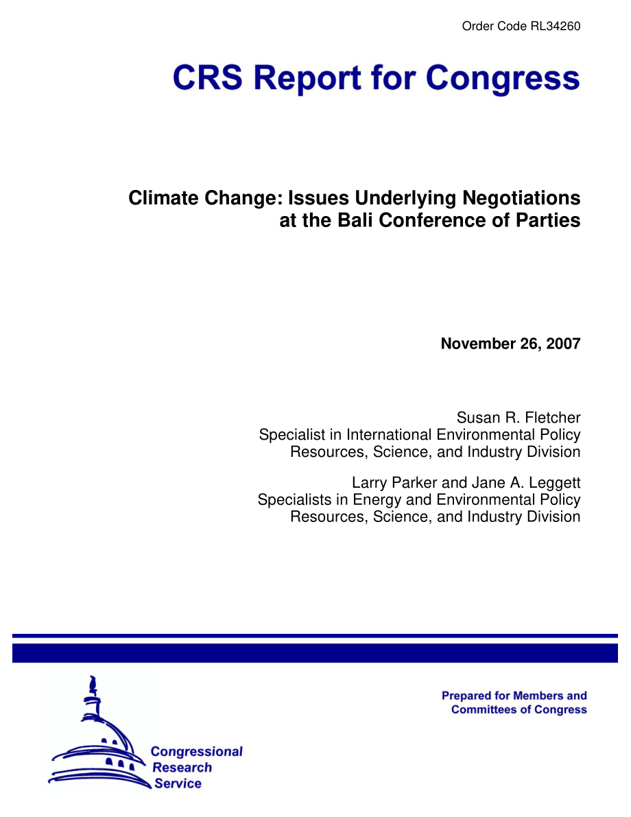 [20071126]RL34260_气候变化：巴厘缔约方会议谈判的基本问题.pdf_第1页
