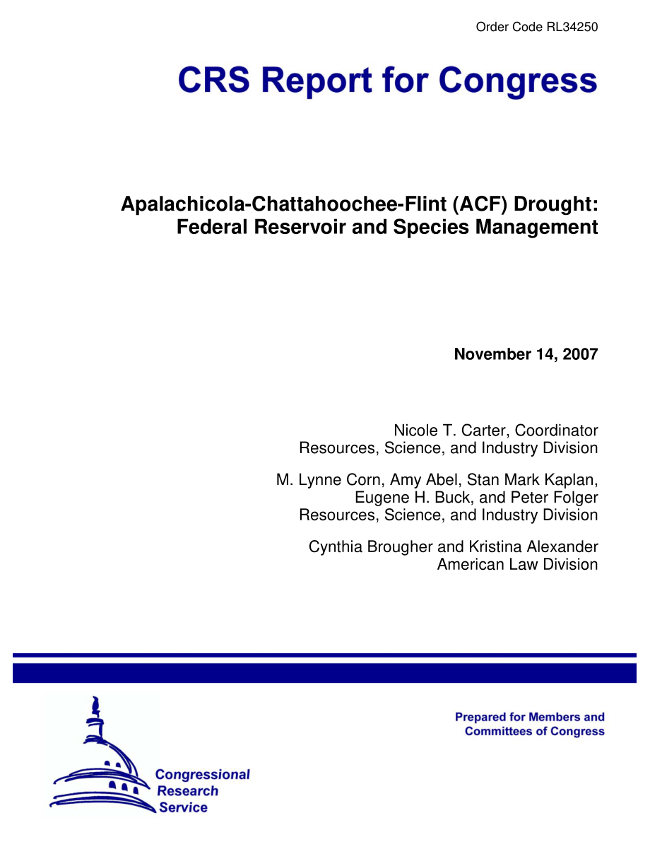 [20071114]RL34250_Apalachicola Chattahoochie Flint（ACF）干旱：联邦水库和物种管理.pdf_第1页