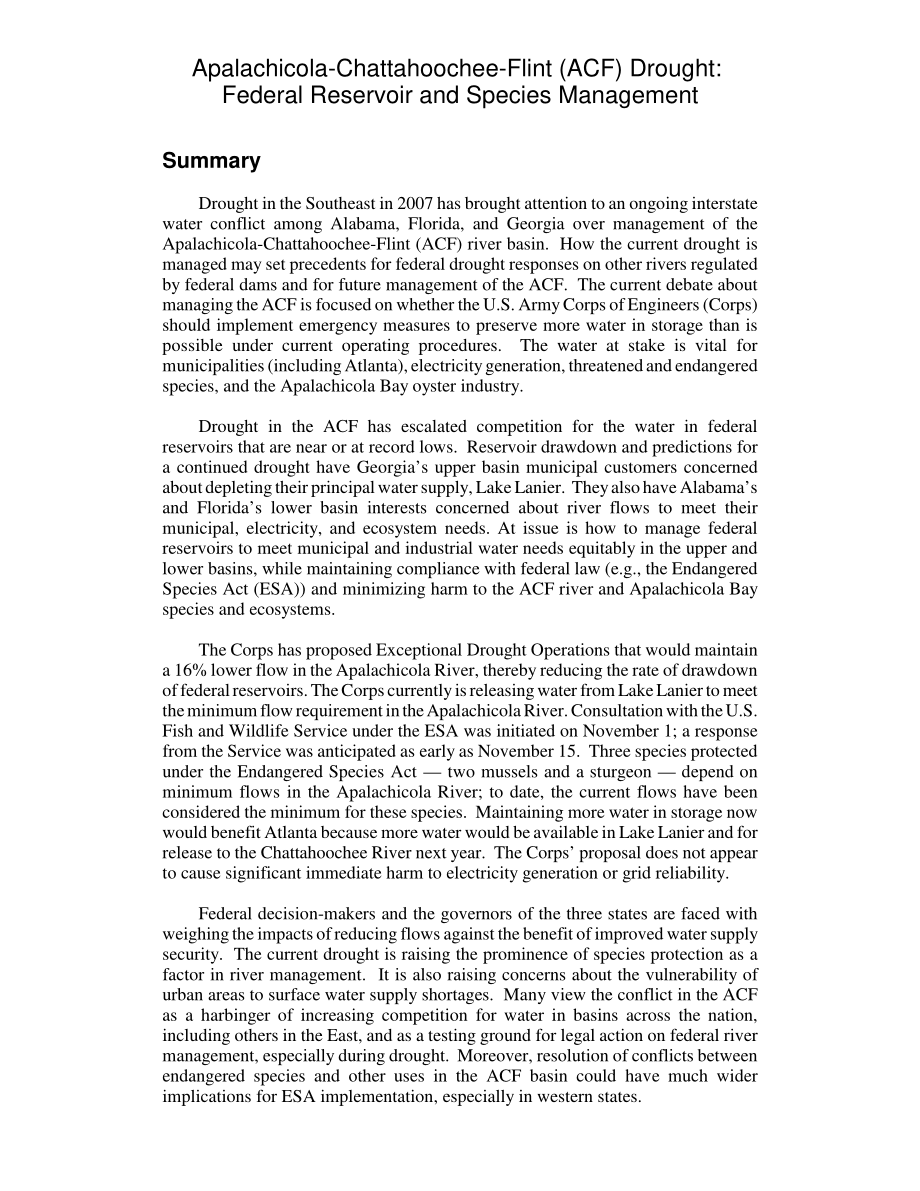[20071114]RL34250_Apalachicola Chattahoochie Flint（ACF）干旱：联邦水库和物种管理.pdf_第3页