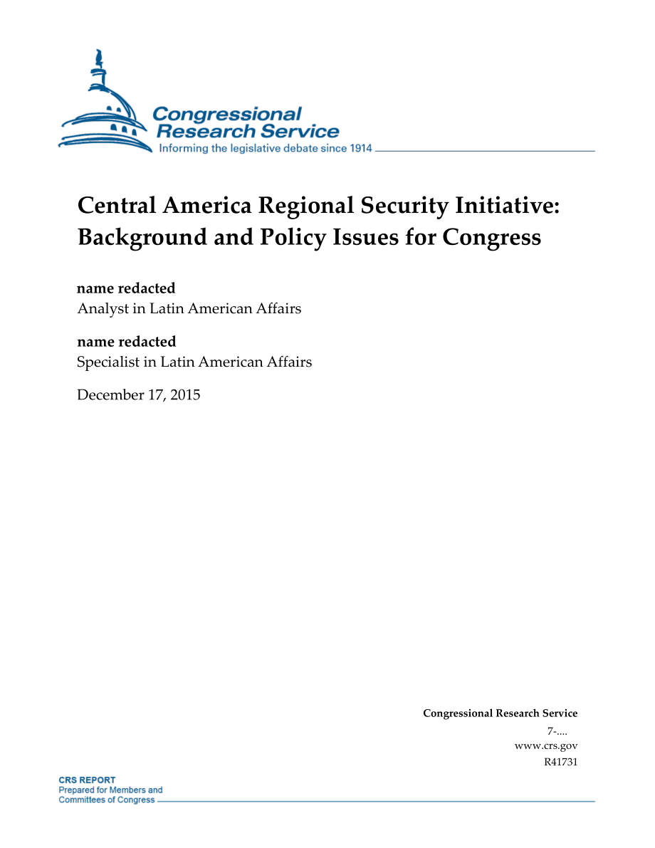 [20151217]R41731_中美洲区域安全倡议：国会背景和政策问题.pdf_第1页