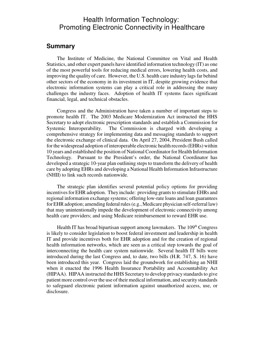 [20050413]RL32858_健康信息技术：促进医疗保健中的电子连接.pdf_第2页