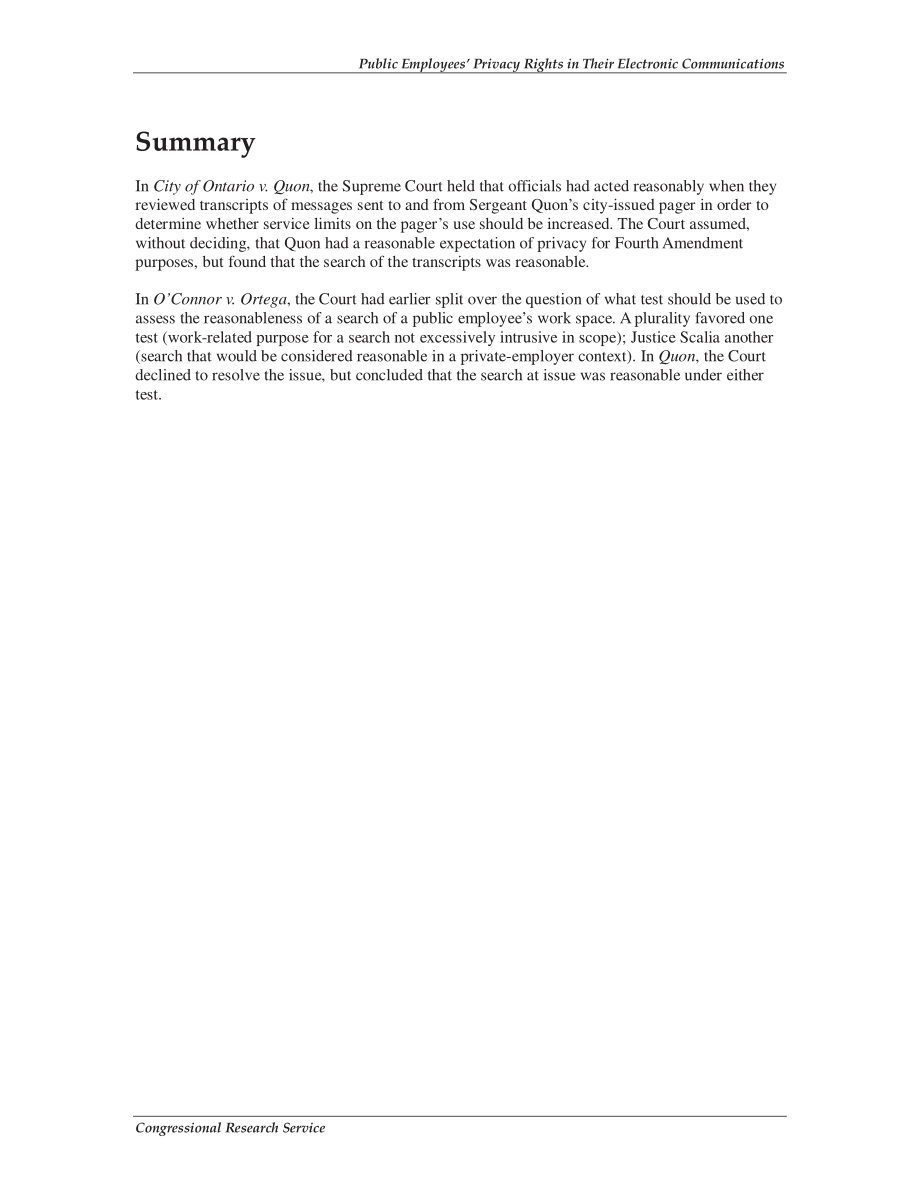 [20100728]R41344_公共雇员在电子通信中的隐私权：安大略省城市诉Quon案在最高法院的审理 .pdf_第2页