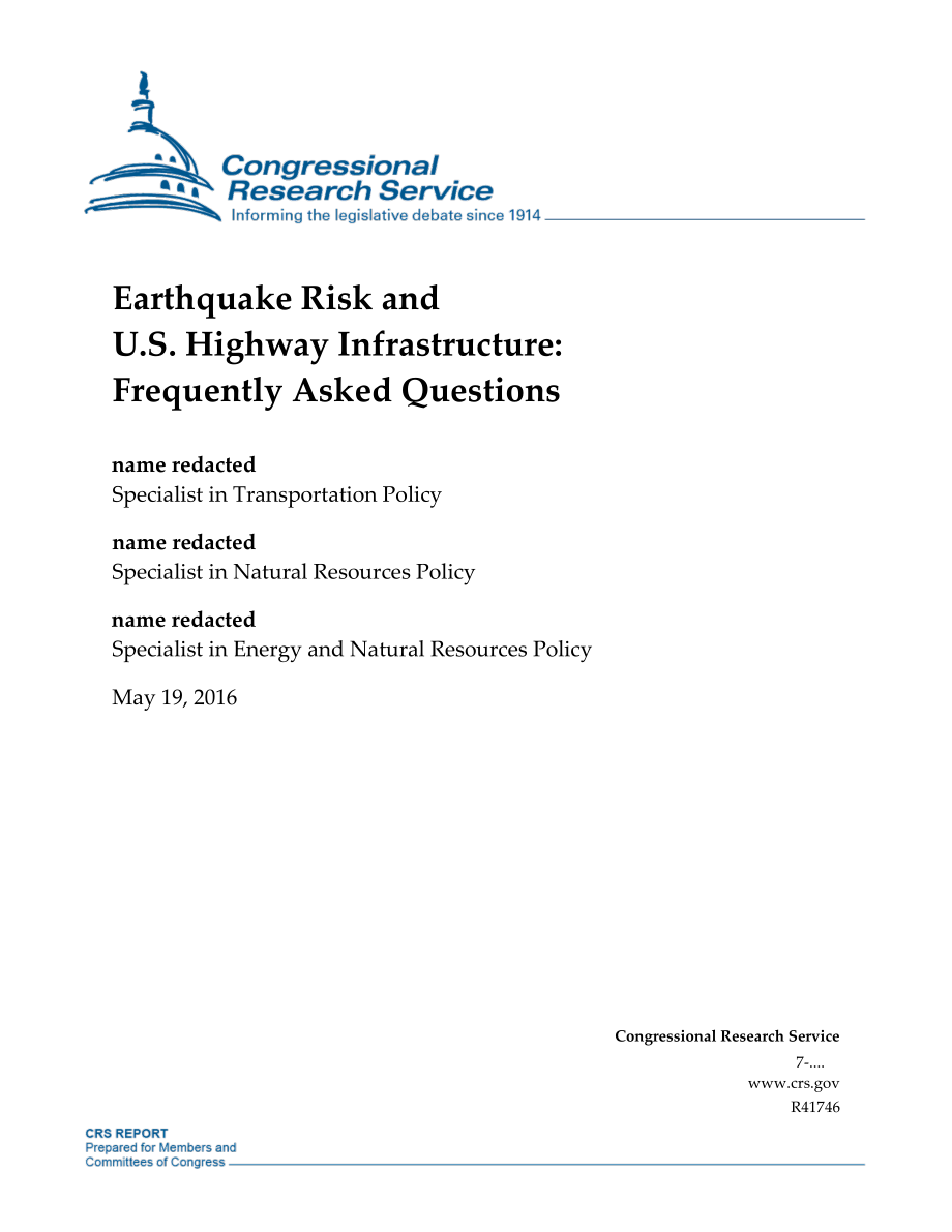 [20160519]R41746_地震风险和美国公路基础设施：常见问题解答.pdf_第1页