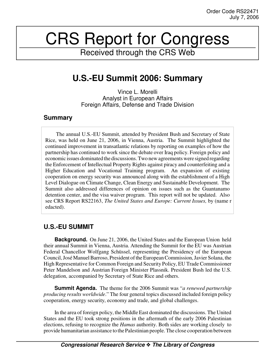 [20060707]RS22471_2006年美欧峰会：总结.pdf_第1页