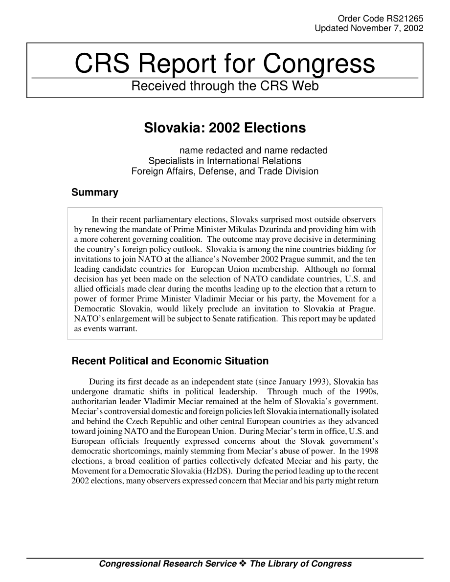 [20021107]RS21265_斯洛伐克：2002年选举.pdf_第1页