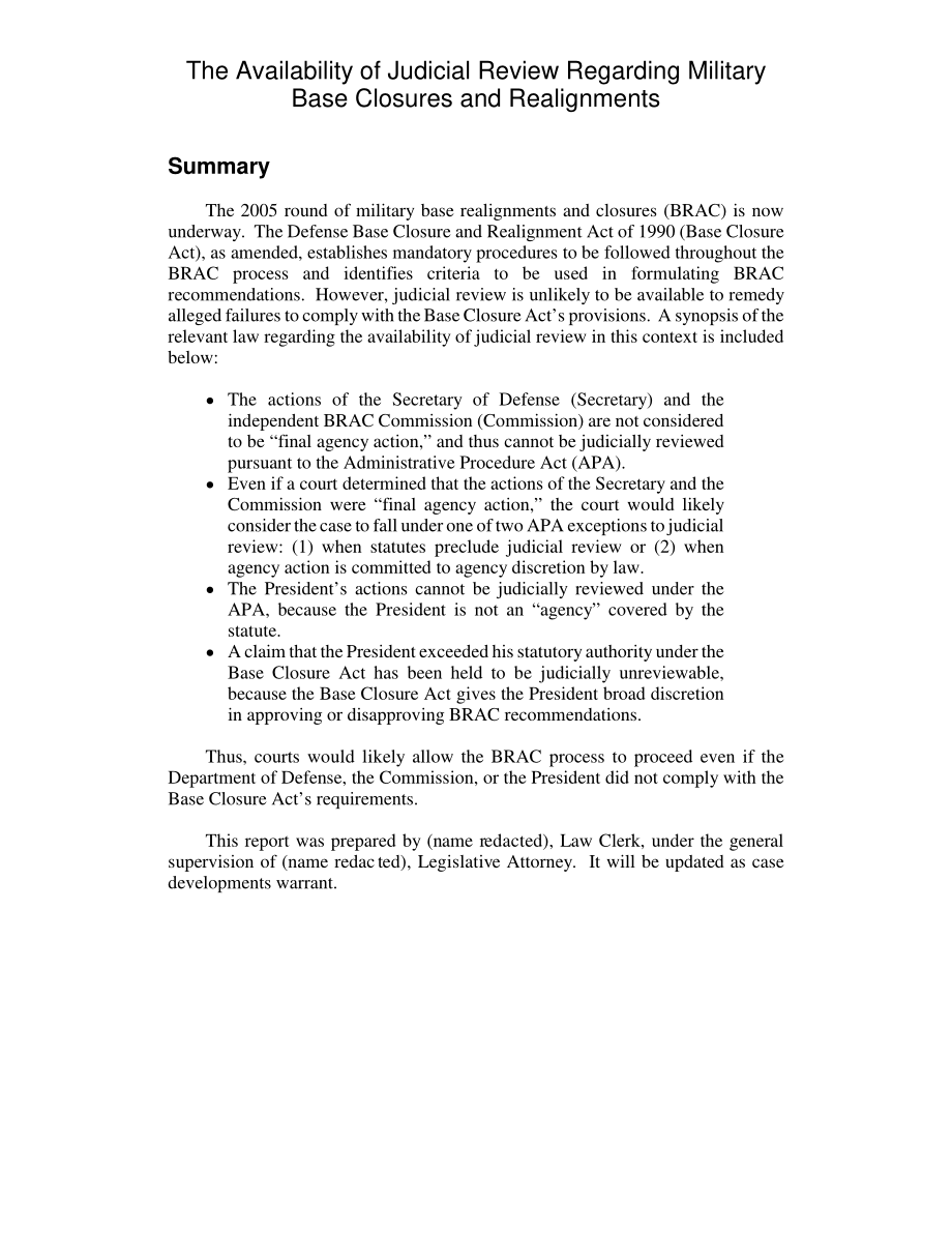 [20050630]RL32963_关于军事基地关闭和调整的司法审查的可用性.pdf_第2页