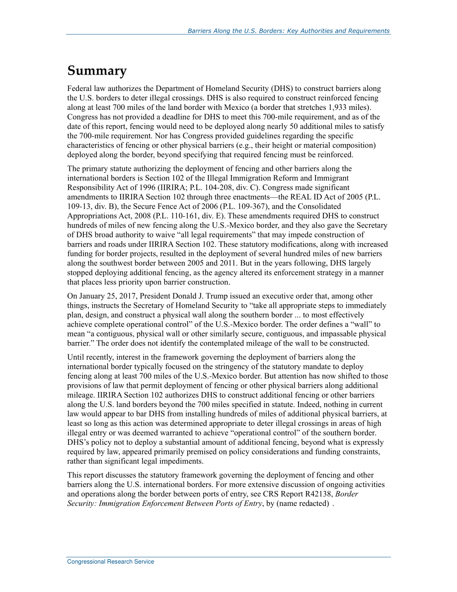 [20170127]R43975_美国边境沿线的障碍：主要权限和要求.pdf_第2页