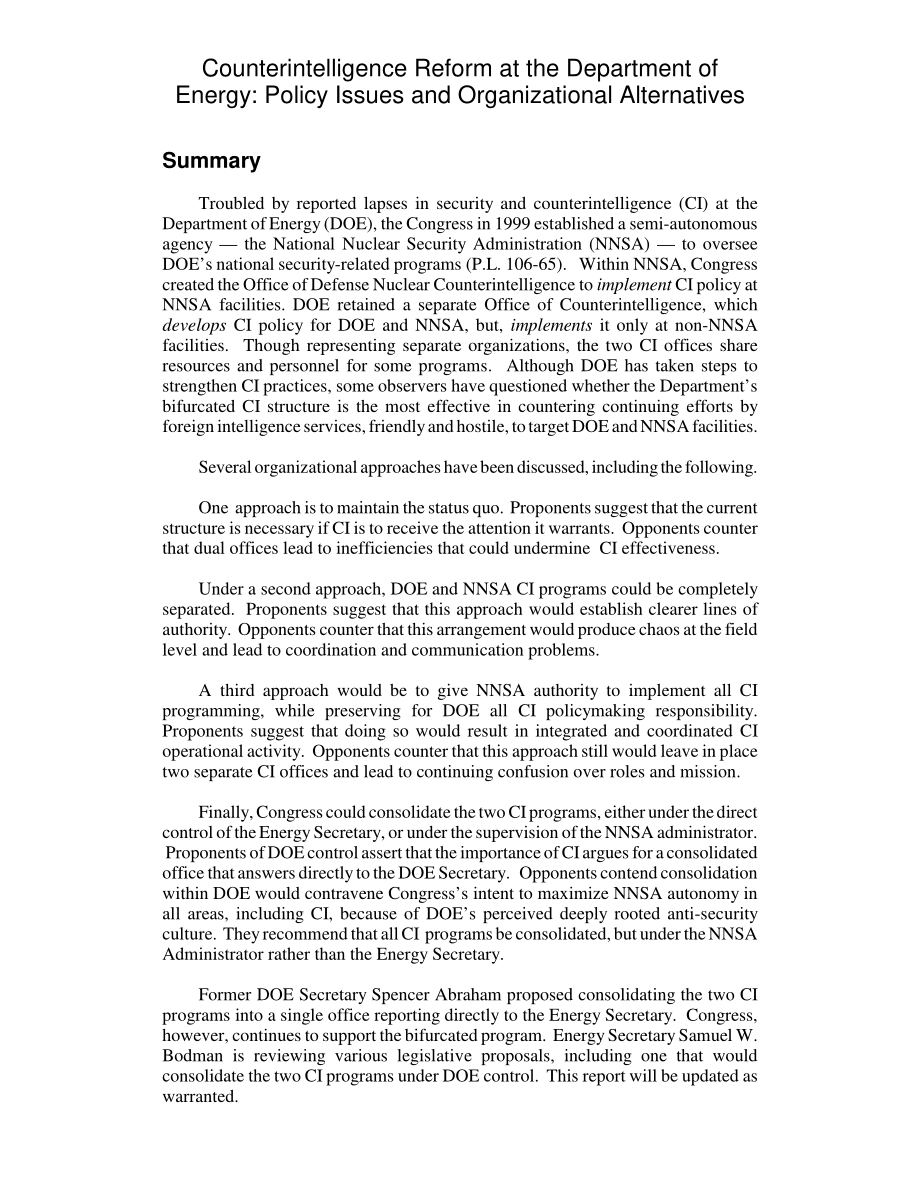[20050308]RL31883_能源部反情报改革：政策问题和组织备选方案.pdf_第2页