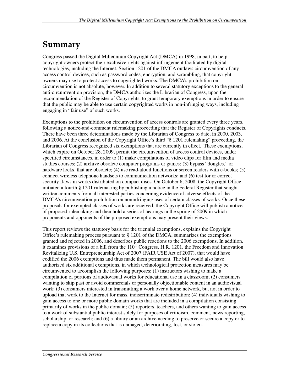 [20081222]RL33887_数字千年版权法：规避禁令的豁免.pdf_第2页