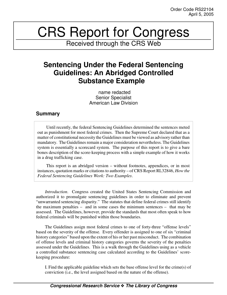 [20050405]RS22104_根据《联邦判刑指南》判刑：受控物质简略示例.pdf_第1页